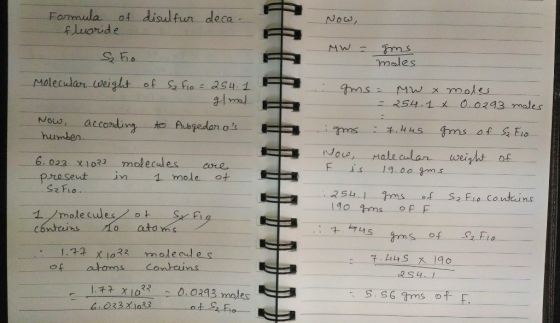 Fonmula ot dislfun deca males Moleculan vei wx moles 2541 X 0.o243 moles Nous, acco humben ow molecaulan weight of E is-. 19.