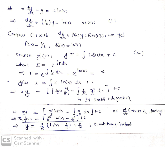 # a dy & ty = x lngo =) dy + (boy= Incx) (1) asoo جام Where I= Compare (1) with dy वर + Pony = Q(x) (?), we get PCx9 = Yu, 26