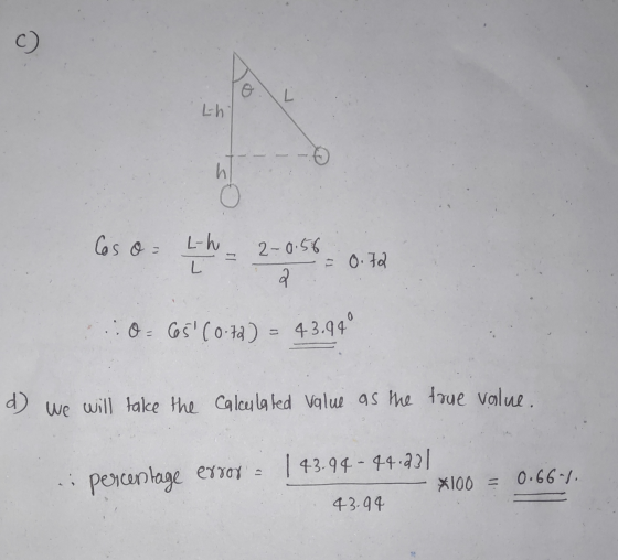 L-ht Cos o L-h _ 2-0.56 0.72 O=C65 (0.72) = 43.99 d) we will take the calculated value as the true value. in percentage erro