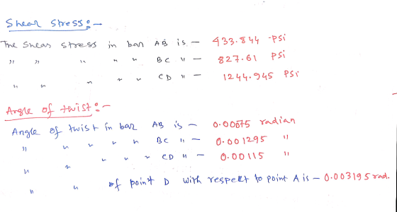 Shear stress o The Sneas stress in ban A Å is - 433.844 -psi 827.61 psi 22 B C V - ! 1244.945 Psi Angle of twistor Angle of t