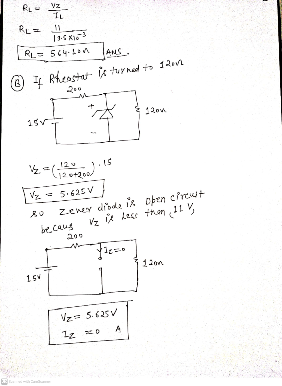 RL= Vz IL RL = 11 19.5X163 RL = 564.lon ANS ® If Rheostat is turned to 1200 200 + 1200 150 15 Vz=(120 21200); 120 120+200 Vz
