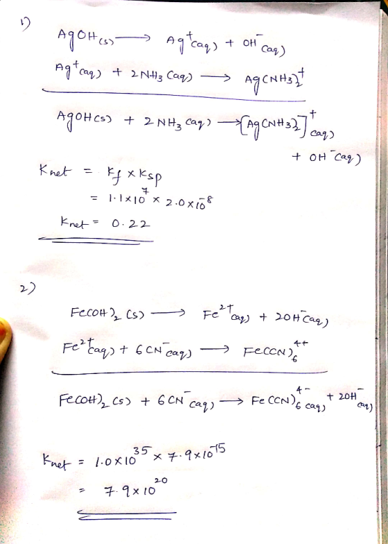 oH Cas) AaTcag 2N43 Caq 2 NH3 Cay Caf) OH Cay) Knet ksp -11O x 2.0 x to Kret O 22 2) Car) 0HCa) Fecot Cs Fe ag t CH car Fecc