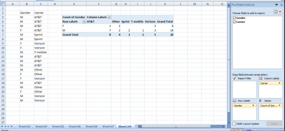 A B с D E F G Н. 1 J K L M N Pivot Table Field List х 1 2 Gender EEE Choose fields to add to report: 3 M Gender Carrier M 4 5