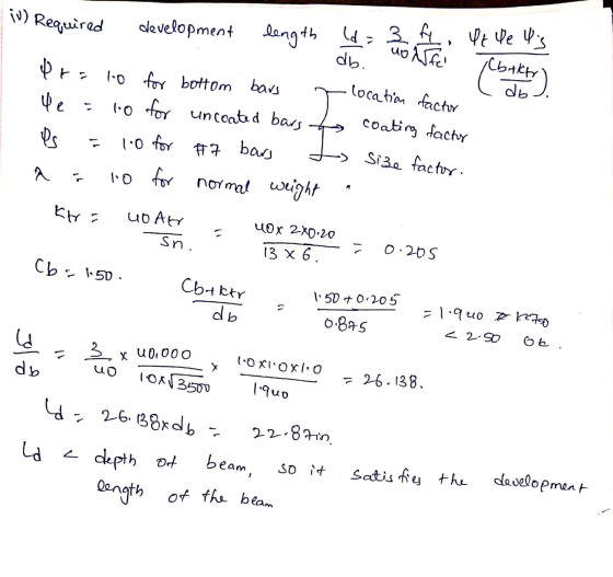 iv) Required development length length (d=34, Ut ve Us Pra (btkh db lo for bottom bars 1.0 for uncoated bars Charts) Ue = uo