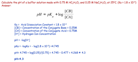 Calculate the pH of a buffer solution made with 0.75 M HC2H3O2 and 0.25 M NaC2H302 at 25oC. (Ka 1.8 x 10-5) Answer: nH = pKa