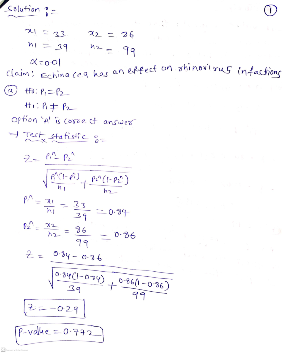 o Salution 8 = xl = 33. 22 = 86 h| 39 hz 99 0.01 claim. Echinacea has an effect on chinovirus infactions (a) to: P,=P2 Hii Pi