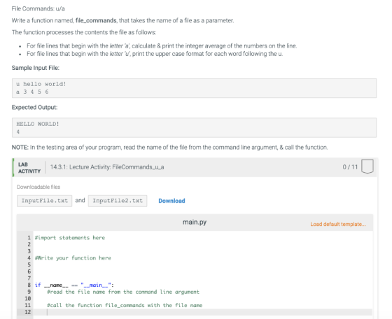 File Commands: u/a Write a function named, file_commands, that takes the name of a file as a parameter. The function processe