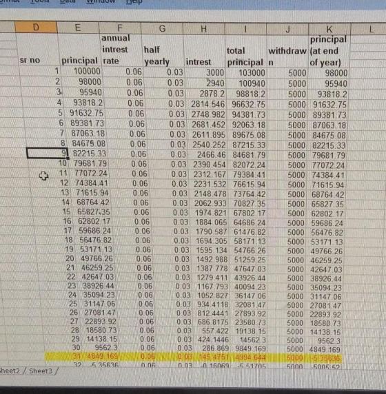 Lola L D E F G Н. J к annual principal intrest half total withdraw (at end sr no principal rate yearly intrest principal n of