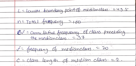 L = lower boundary point of mediandas: 249.5 n = Total frequeny = 100 Ef = cumulative feequency of class preceding the median