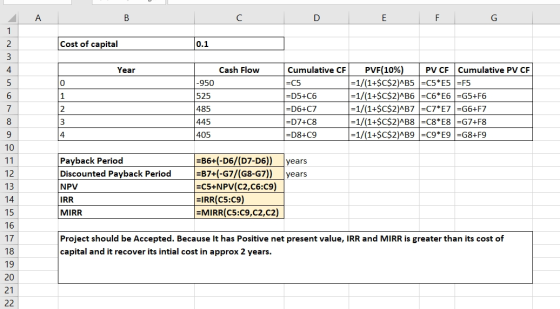 А В C E F Cost of capital 0.1 2 PVF(10% =1/(1+$C$2)^B5C5*E5F5 = 1/(1+$C$2)^B6C6*E6G5+F6 = 1/(1+$C$2)^B7C7*E7G6+F7 = 1/(1+$C$2
