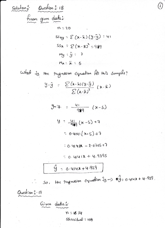 Question18 Solalion from data givern m20 y x-y-g) - SSx x-KI =989 My My 5 whof the 9grion aion Ah mis Semple? x--) x- x-5) ৭१