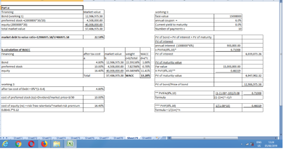 Part a: financing Bond (working 1) preferrred stock (3000000 30/20) equity (2000000 20) Market value working 1: face value an