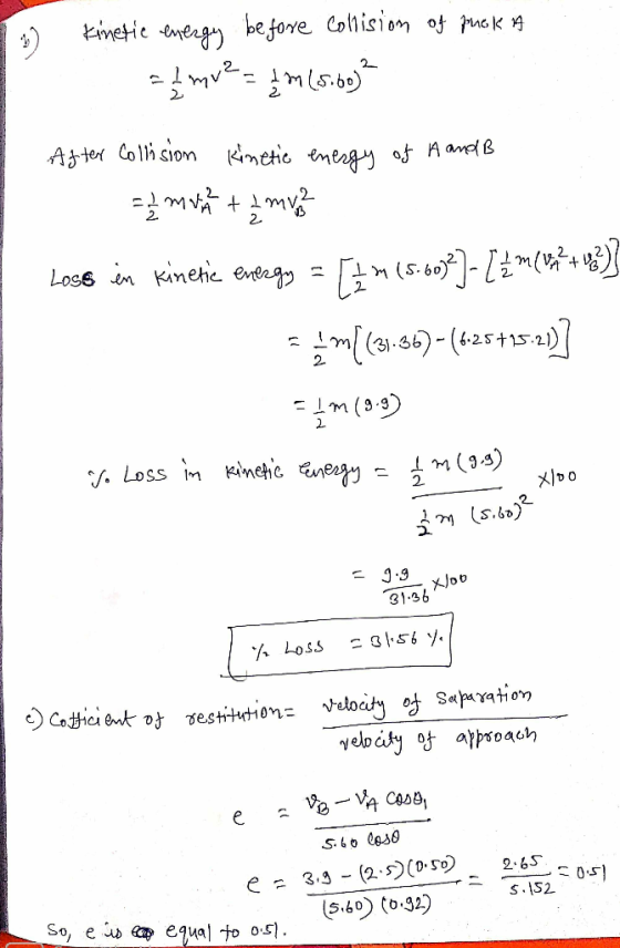 Emetic energy befove Collision of uck 2 2 Azter Collh sion metic neaa of Aane B 2 Loss in kinehe eveago = 50 ( 글께 (3-36)-(425