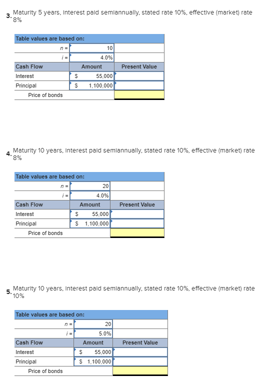 Maturity 5 years, Interest paid semiannually, stated rate 10%, effective (market) rate 3.8% Table values are based on: 101 Pr
