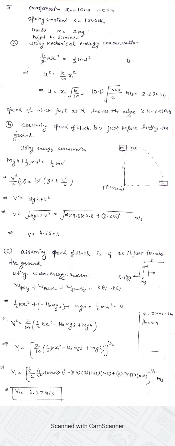 to compression Xosloom -oolm spring constant KaloboN/m mass 2 kg height ho 80cm= 0.8m using mechanical energy conservation ma