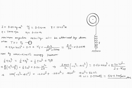 llllll 15x2000 I = 0.44 kg-m? V = 0-3 N-m r= 10x1őkm K= 2000 N/m xi= 0.120m Maximam angulaes relocity will be atterned by dru