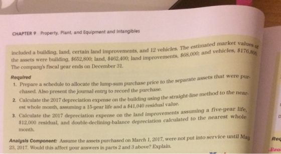 CHAPTER 9 Property. Plant and Equipment and Intangibles The estimated market valu 100, land improvements, $68,000, and vehicles, $176.8 included a building, land, certain land improvements, and 12 vehicles. the assets were building, $652,800; land, $462,400; land improvements The companys fiscal year ends on December 31. Required 1. Prepare a schedule to allocate the lump-sum purchase price to the sepa $462,4 chased. Also present the journal entry to record the purchase. 2. Calculate the 2017 depreciation expense on the building using the straig est whole month, assuming a 15-year life and a $41,040 residual value culate the 2017 depreciation expense on the land improvements assuming a five-year life, residual, and double-declining-balance depreciation calculated to the nearest whole 3. Cal month. Analysis Component: Assum 23, 2017. Would this affect your answers in parts 2 and 3 above? Explain. e the assets purchased on March 1, 2017, were not put into service until May Req