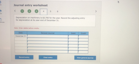 Journal entry worksheet < 1 2 3 Depreciation on machinery is $3,700 for the year. Record the adjusting entry for depreciation