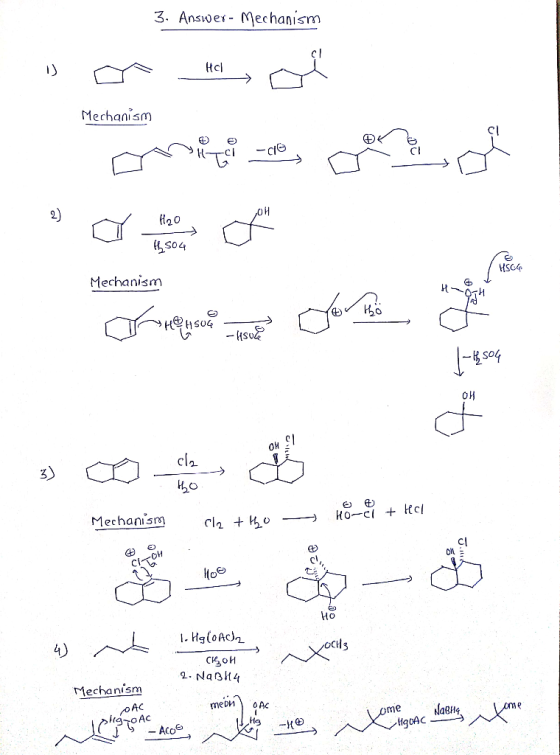 3. Answer- Mechanism tcl Mechanism 2) S04 Mechanism Во -Hsu ой cla Mechanism Ho-ci tc cla 0 Но 1. Hg(oAc CgoH 2. Naat4 Mechan
