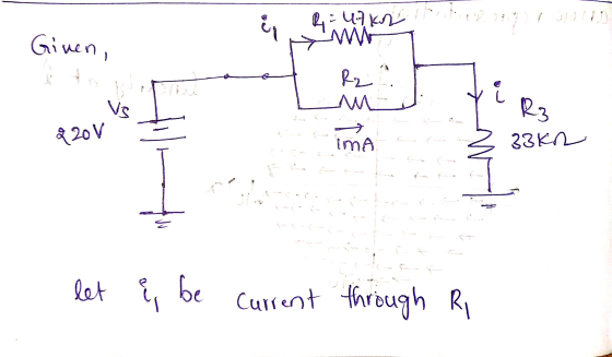 & 4 = 47 kn Given, Mo R₂2 Vs R3 220 V IMA 33KR I let å be Current through Ri