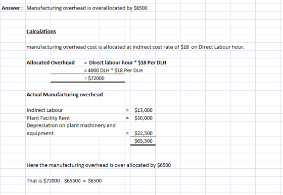 Answer: Manufacturing overhead is overallocated by $6500 Calculations manufacturing overhead cost is allocated at indirect co