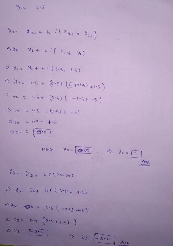 YE 1.5 Y Y2x + h flxan 9 94). =) Y2 = y + hof hey y) > Y = y + h F (1.5, 1.5) - Ya = 105 + (0.5) ((-3 * 105) +1.5) Y2 = 1.5+