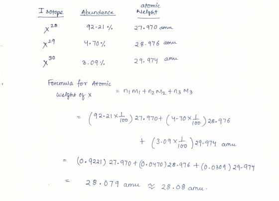 Tsovope Abundance atomic Weight I 92-21% x 27.970 amu 4-70% x 28.976 amu x 30 3.09:/ 29.974 amu Atomic Foremula for weight of