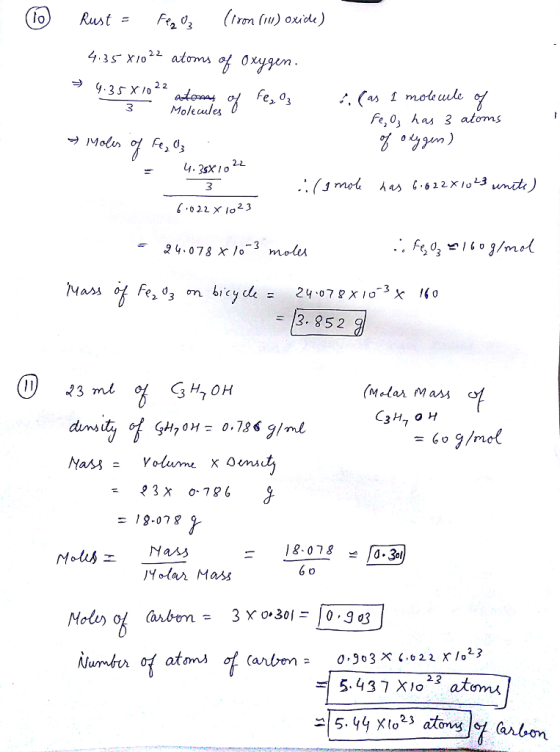 P2 3(Iron l) oxide Molecudes Fe,0, has 3 aloms 2-2 J mol 6 022 xo23 13.852 1123 mi (Molai Mass GH70H= 0.736 g/mL 8-078 0.3l