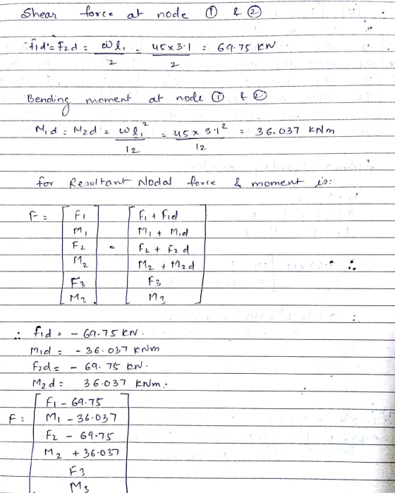 Shear force at node o fi d= Fz d = wli 45x31 69.75 IN 2 Bending moment at node Mid Mzd we, - - 45 X 3.1 36.037 kNm 12 12 for