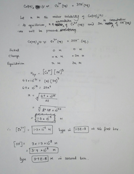 let be Ce molar solubi 띠 q CrC03 conceulrahn ions will be present, se O M c hama 3x. M 2 67 1631(32) 27 9 48 x 1o32 8 ox . [o