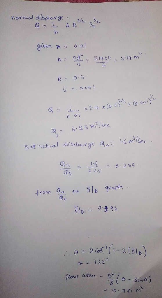 normal discharge- Q = 1 A R/ ste given - oool A = Td - 3.14x4 - 3.14 m. R = a.s. s = 0.001 (0.001) Q = I x 3:14+ (0.53% 0.01
