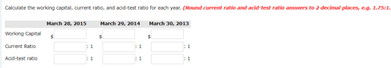 Calculate the working capital, current ratio, and acid-test ratio for each year. (Round current ratio and acid-test ratio ans