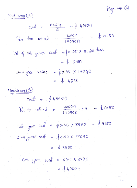 Page No ③ . Machinery (1/2) coste 85200 Per for mined - - $ 42600 42600 = $0.25 170400 Isf € with years cort = $0,25 X 8520 t