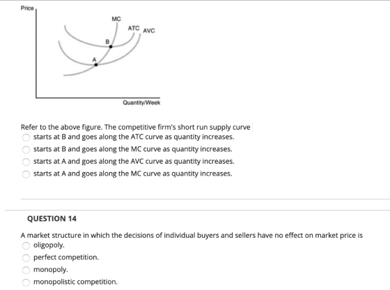 Price мC ATC AVC В A Quantity/Week Refer to the above figure. The competitive firms short run supply curve starts at B and g