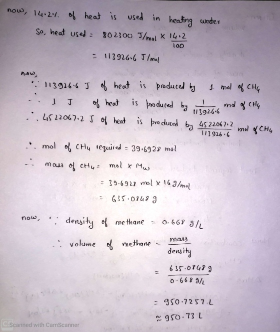 now, 14:24. of heat is used in heating water So, heat used = 802300 J/mol x 14.2 100 = 11392616 Il mol now, . 11392616 I of h