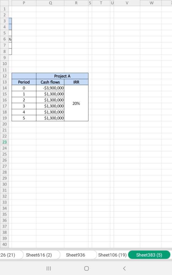 Q R S T U V W 12 13 Period IRR 14 15 1 2 Project A Cash flows $3,900,000 $1,300,000 $1,300,000 $1,300,000 $1,300,000 $1,300,0