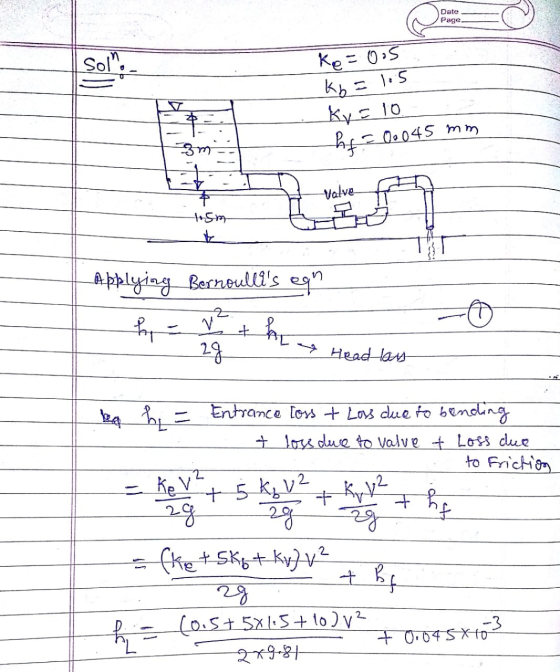 Date Page Sol ke=0.5 kg = 1.5 kys 10 hf? 0.045 mm 3m Valve 15m Abblying Bernoullis egn h 12 h 28 Head las ba b Entrance los