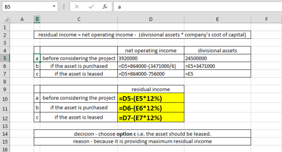 B5 residual income = net operating income - (divisional assets * companys cost of capital) net operating income a before con