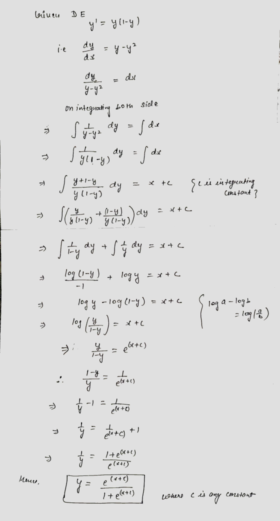 binen y = y(1-4) ie dy ds y-y² dy dsl -- both sidle V. ㅗ -y2 3 » y-y² on integrating dy s dx syrery, dy = f de st 8+1-8 dy y