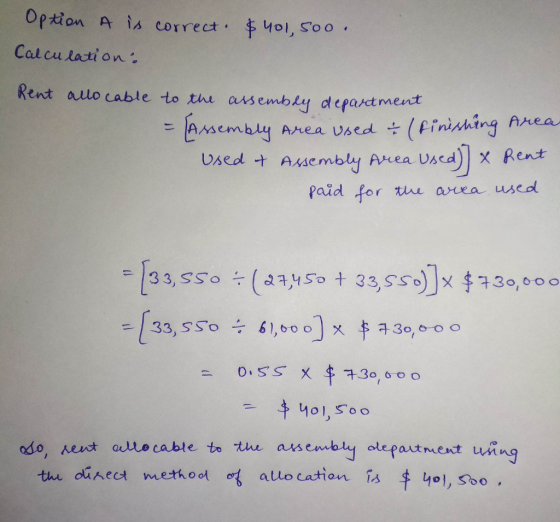 Option A is correct. Calculation: $ 40l,soo. Rent allo cable to the assembly department = Assembly Area used & (Finishing Are