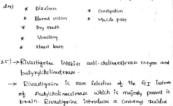 24) * * * constipation Muscle pain * * Dizziners Blurred vision Dry mouth Vomiting Heart burn * * 25) +Rivastigmine inhibits