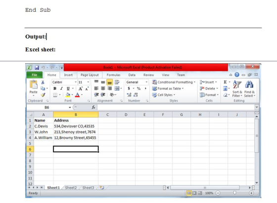End Sub Output: Excel sheet: Bookl Microsoft Excel (Product Activation Fail 1回 File Home Insert Page Layout Formulas Data Rev