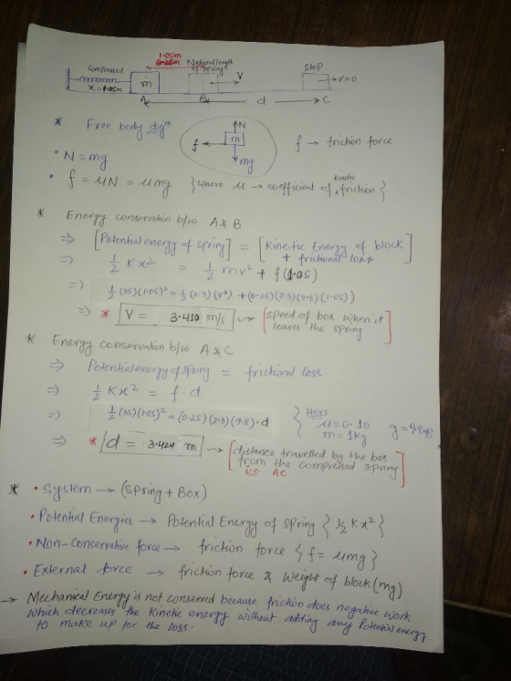 1.OSm 3Sn Nahural length pring Stop tomfresed mnann m X-4-05m C Ae Free body dy AN ftrichon force kinche codficint fafnckoo w