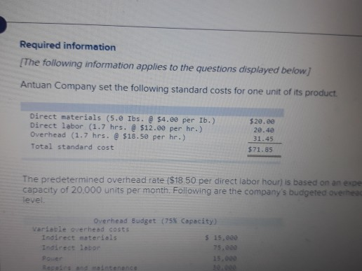 Required information [The following information applies to the questions displayed below! Antuan Company set the following st