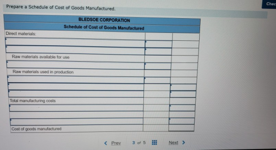 Prepare a Schedule of Cost of Goods Manufactured. Chec BLEDSOE CORPORATION Schedule of Cost of Goods Manufactured Direct mate