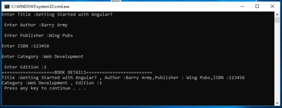 C:WINDOWS)system321cmd.exe Enter Title :Getting Started with Angular7 Enter Author :Barry Army Enter Publisher Wing Pubs Ente