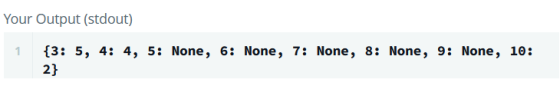 Your Output (stdout) 1 {3: 5, 4: 4, 5: None, 6: None, 7: None, 8: None, 9: None, 10: 2}