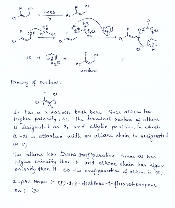 Py HS F OH > product. Maming of product- E a It has a 3 carbon back bone. since allem has. higher priority, so the terminal c