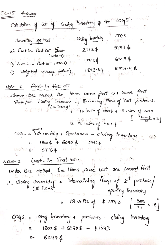 €6-15 Answer Calculation of cost of of Ending inventory of the cogs Inventory Method Ending Inventory . COGS a) fint in- fir