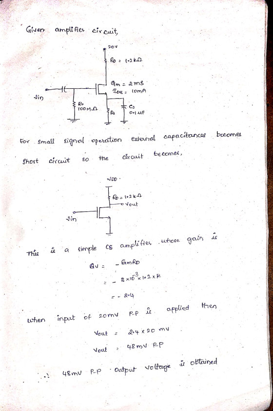 Givery amplifier circuit, 20v & RO = 1-2k62 Gm: 2ms Tou: Toma Ro TOOMA .. ca {Rs Oluf For becomes Small signal operation exte